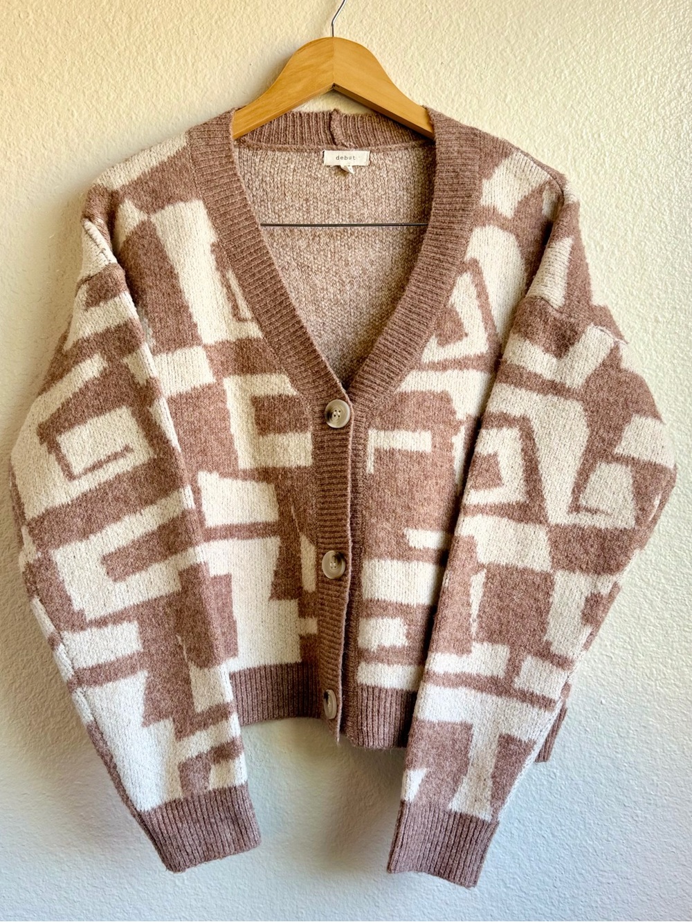 Debut Geometric Abstract Knit Crop Cardigan Sweater Brown Cream